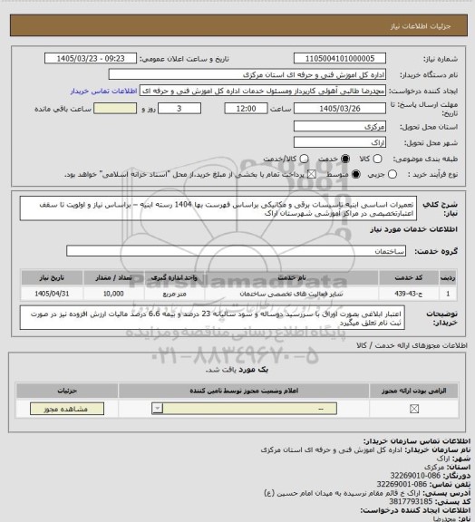 استعلام تعمیرات اساسی ابنیه تاسیسات برقی و مکانیکی براساس فهرست بها 1404 رسته ابنیه – براساس نیاز و اولویت تا سقف اعتبارتخصیصی در مراکز آموزشی شهرستان اراک