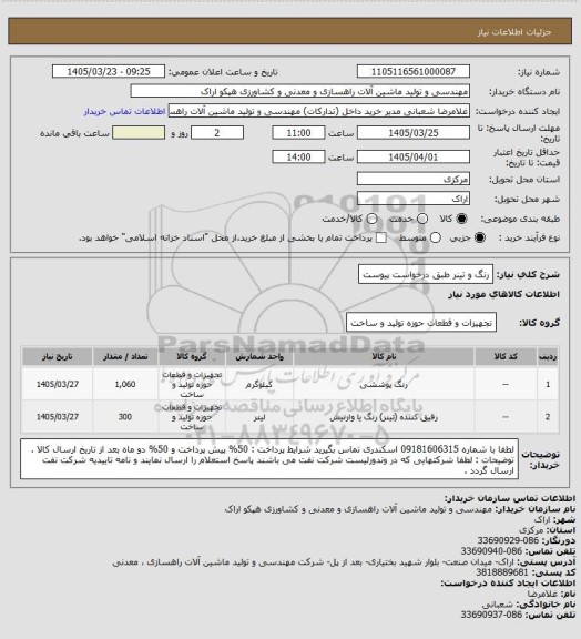 استعلام رنگ و تینر طبق درخواست پیوست