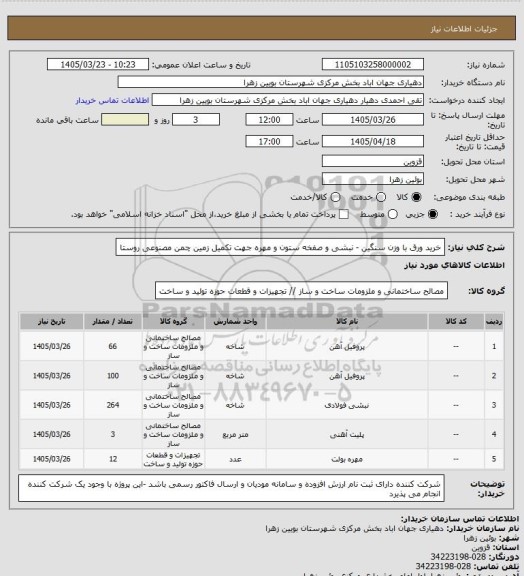 استعلام خرید ورق با وزن سنگین - نبشی و صفخه ستون و مهره جهت تکمیل زمین چمن مصنوعی روستا
