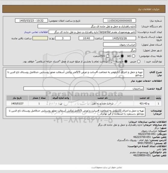 استعلام تهیه   و حمل و اجرای 2کیلومتر به ضخامت 4سانت و عرض 5/5متر روکش  آسفالت محور روستایی حدفاصل روستای تاج الدین تا دودانلو