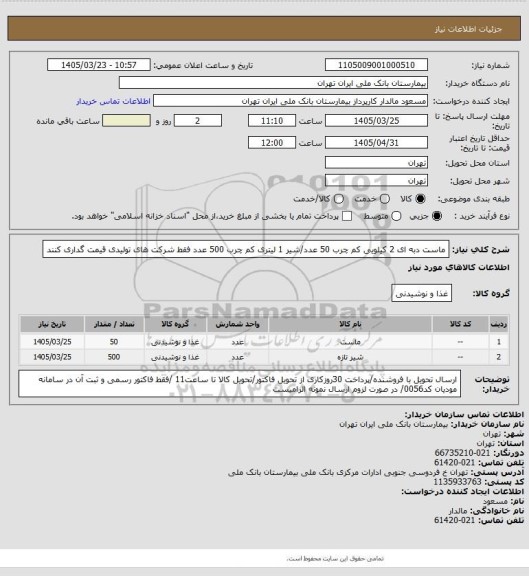 استعلام ماست دبه ای 2 کیلویی کم چرب  50 عدد/شیر 1 لیتری کم چرب 500 عدد فقط شرکت های تولیدی قیمت گداری کنند