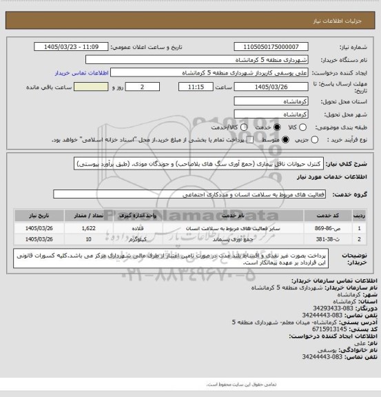 استعلام کنترل حیوانات ناقل بیماری (جمع آوری سگ های بلاصاحب) و جوندگان موذی. (طبق برآورد پیوستی)