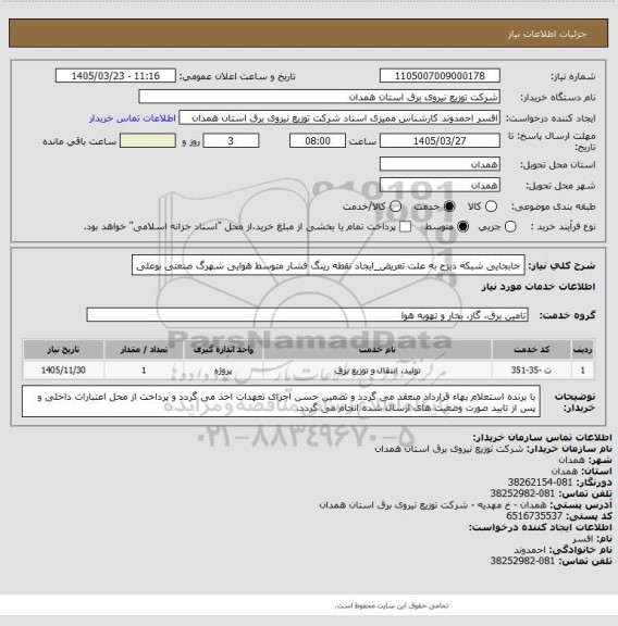 استعلام جابجایی شبکه دیزج به علت تعریض_ایجاد نقطه رینگ فشار متوسط هوایی شهرگ صنعتی بوعلی