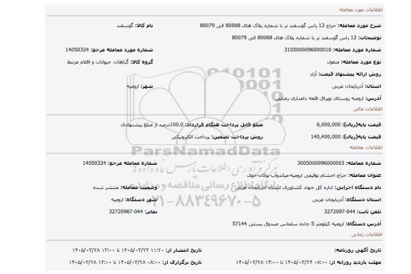 مزایده، 12 راس گوسفند نر با شماره پلاک های 80068 الی 80079