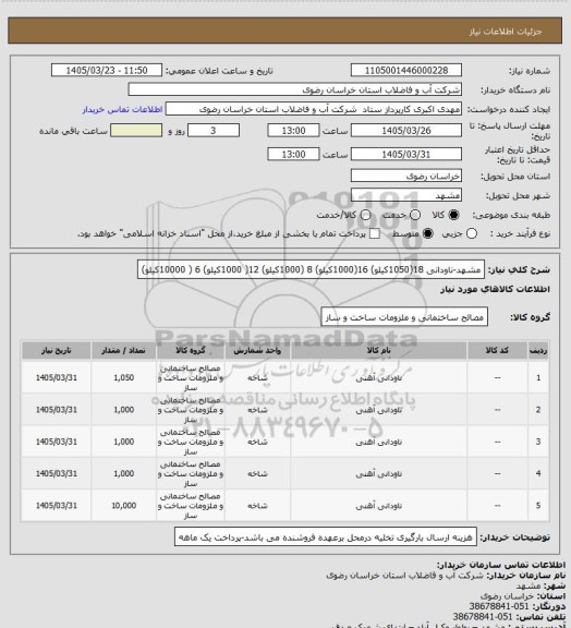 استعلام مشهد-ناودانی 18(1050کیلو) 16(1000کیلو) 8 (1000کیلو) 12( 1000کیلو) 6 ( 10000کیلو)