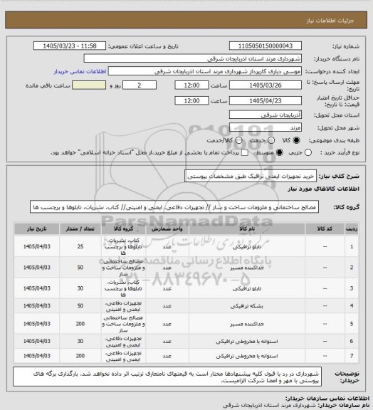 استعلام خرید تجهیزات ایمنی ترافیک طبق مشخصات پیوستی