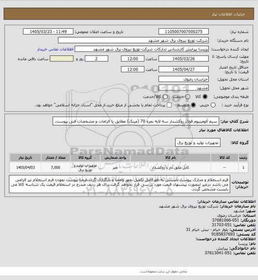 استعلام سیم آلومینیوم فولاد روکشدار سه لایه نمره 70 (مینک) مطابق با الزامات و مشخصات فنی پیوست.