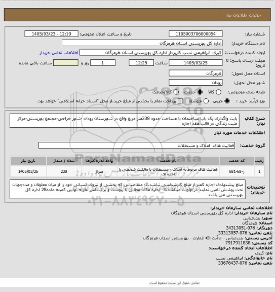استعلام بابت واگذاری یک باب ساختمان با مساحت حدود 238متر مربع واقع در شهرستان رودان -شهر خراجی-مجتمع بهزیستی-مرکز مثبت زندگی در قالب عقد اجاره