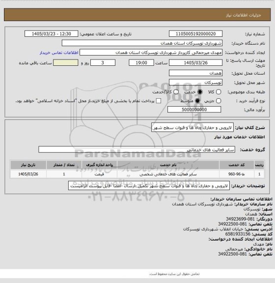 استعلام لایروبی و حفاری چاه ها و قنوات سطح شهر
