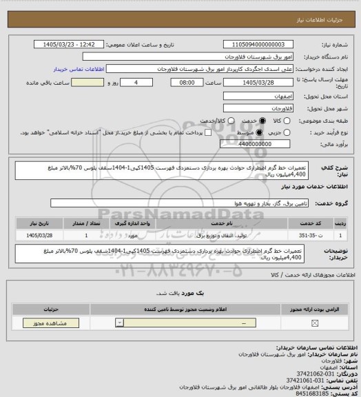 استعلام تعمیرات خط گرم اضطراری حوادث بهره برداری دستمزدی فهرست 1405کپی1-1404سقف پلوس 70%بالاتر مبلغ 4,400میلیون ریال