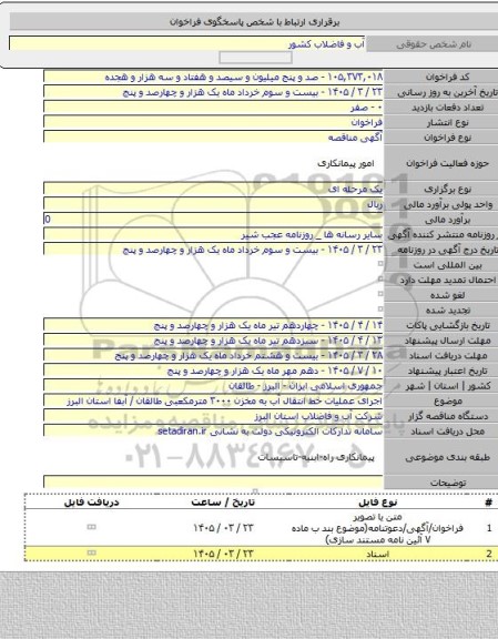مناقصه, اجرای عملیات خط انتقال آب به مخزن ۳۰۰۰ مترمکعبی طالقان / آبفا استان البرز