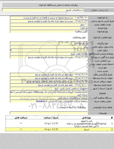 مناقصه, انجام عملیات اصلاح و بازسازی آبرسانی تک روستاهای شهرستان فردیس / آبفا استان البرز