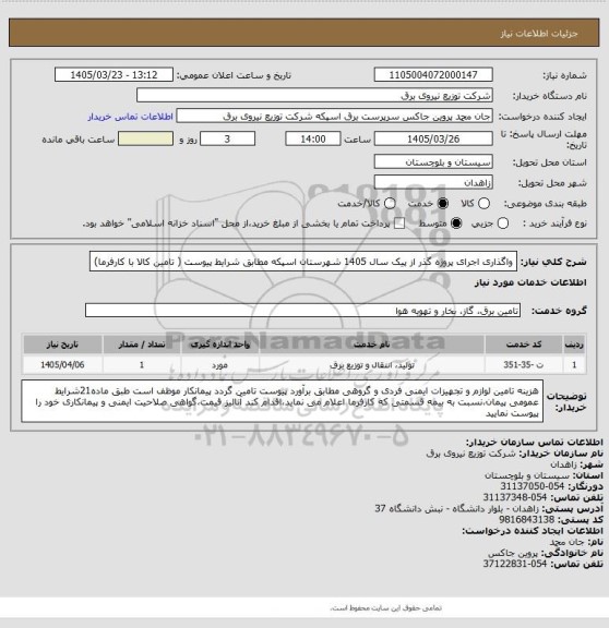 استعلام واگذاری اجرای پروژه گذر از پیک سال 1405 شهرستان اسپکه مطابق شرایط پیوست ( تامین کالا با کارفرما)