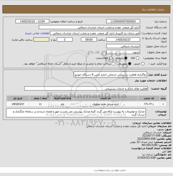 استعلام واگذاری فعالیت پشتیبانی خدماتی اجاره تامین 9 دستگاه خودرو