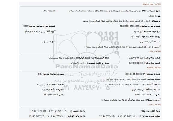 مزایده، فروش (قدرالسهم شهرداری) از مغازه های واقع در طبقه همکف پاساژ سبلان