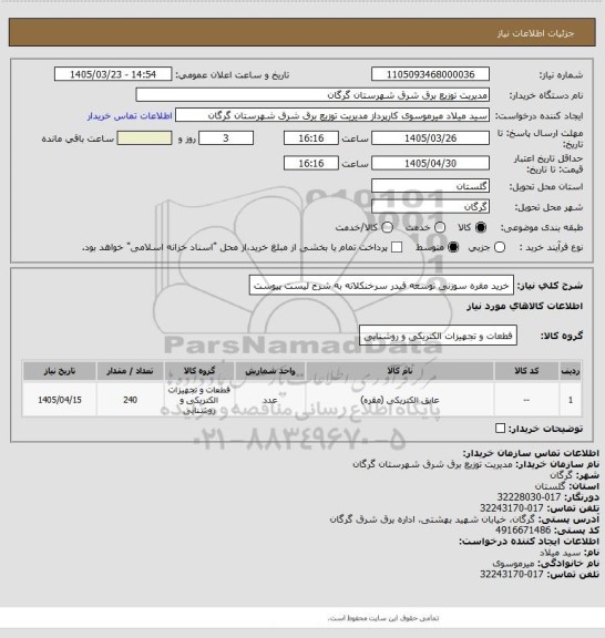 استعلام خرید مقره سوزنی توسعه فیدر سرخنکلاته به شرح لیست پیوست