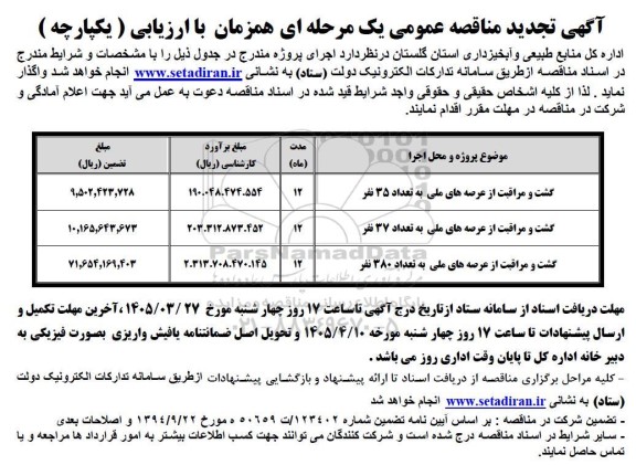 مناقصه گشت و مراقبت از عرصه های ملی تجدید 