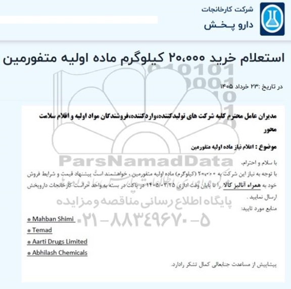 استعلام خرید 20،000 کیلوگرم ماده اولیه متفورمین