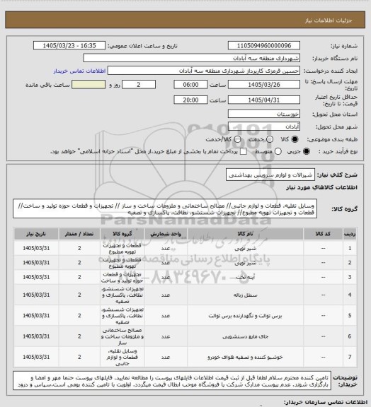 استعلام شیرالات و لوازم سرویس بهداشتی