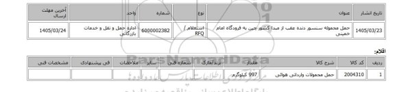 استعلام، حمل محموله سنسور دنده عقب از مبدا کشور چین به فرودگاه امام خمینی