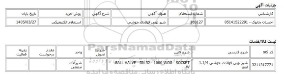 استعلام الکترونیکی، شیر توپی فولادی جوشی