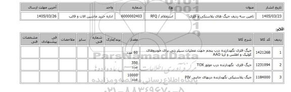 استعلام، تامین سه ردیف جیگ های پلاستکی و فلزی