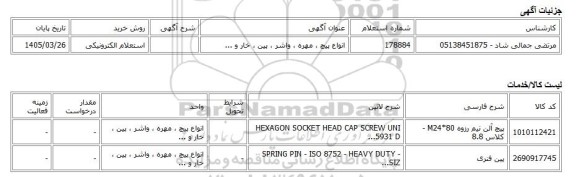 استعلام الکترونیکی، انواع پیچ ، مهره ، واشر ، پین ، خار و ...