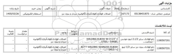 استعلام الکترونیکی، اتصالات فولادی/فولادآلیاژی/گالوانیزه درزدار و بدون درز