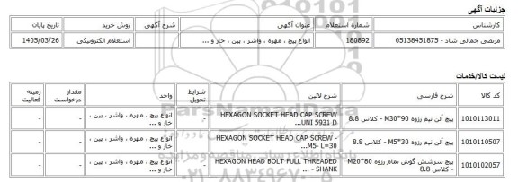 استعلام الکترونیکی، انواع پیچ ، مهره ، واشر ، پین ، خار و ...