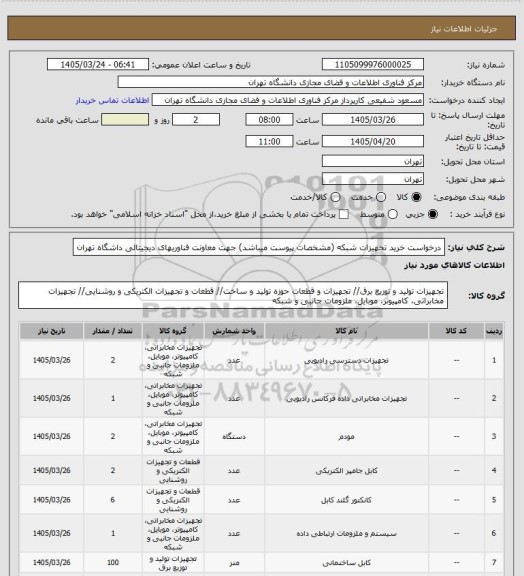 استعلام درخواست خرید تجهیزات شبکه (مشخصات پیوست میباشد)
جهت معاونت فناوریهای دیجیتالی داشگاه تهران