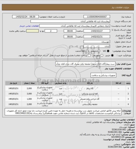 استعلام ست بیمار(گان-کلاه-شلوار)
ملحفه یکیار مصرف 
گان جراح
کلاه جراح