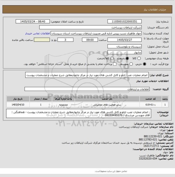 استعلام انجام عملیات نصب تابلو و کابل کشی های مورد نیاز در مرکز چابهارمطابق شرح عملیات و مشخصات پیوست