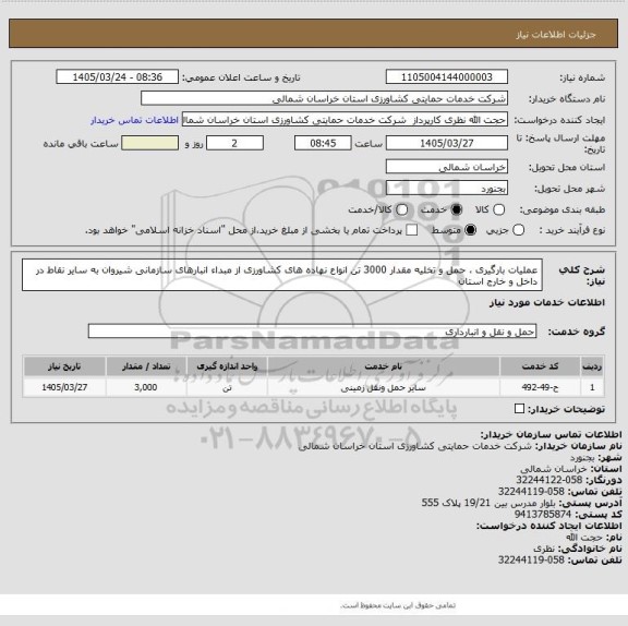 استعلام عملیات بارگیری ، حمل و تخلیه مقدار 3000 تن انواع نهاده های کشاورزی از مبداء انبارهای سازمانی شیروان به سایر نقاط در داخل و خارج استان