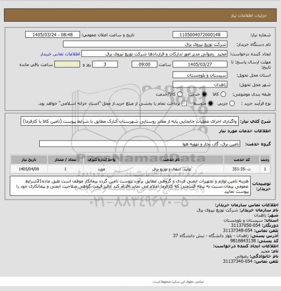 استعلام واگذاری اجرای عملیات جابجایی پایه از معابر روستایی شهرستان کنارک مطابق با شرایط پیوست (تامین کالا با کارفرما)