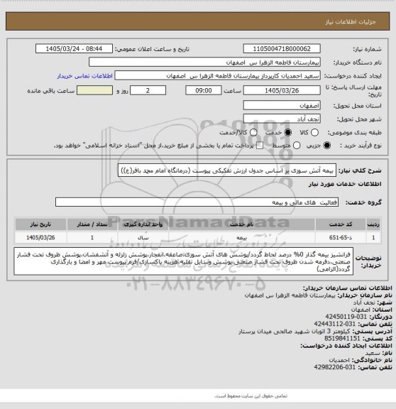 استعلام بیمه آتش سوزی بر اساس جدول ارزش تفکیکی پیوست (درمانگاه امام محمد باقر(ع))