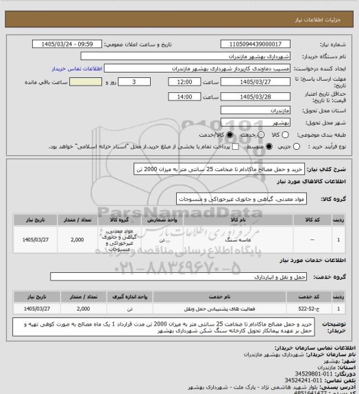 استعلام خرید و حمل مصالح ماکادام تا ضخامت 25 سانتی متر به میزان 2000 تن