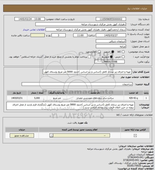 استعلام تهیه و اجرای زیر سازی کامل (اساس و زیر اساس )حدود 5000 متر مربع روستای کهق