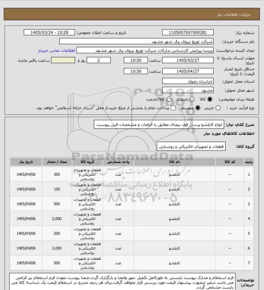 استعلام انواع کابلشو پرسی فول بیمتال مطابق با الزامات و مشخصات فنی پیوست.