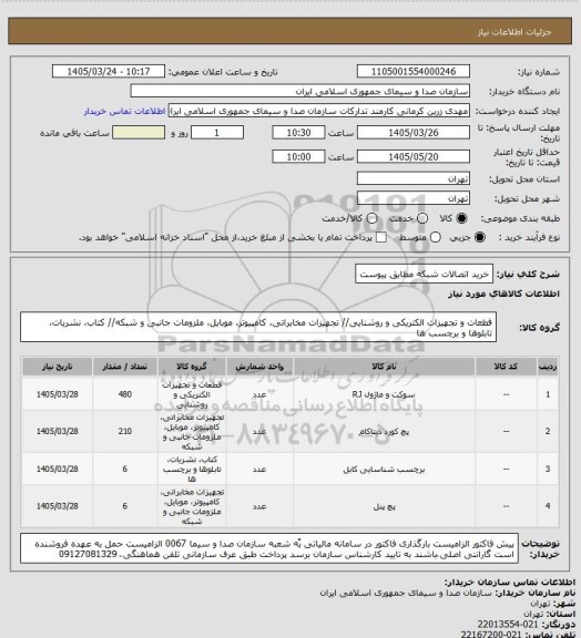 استعلام خرید اتصالات شبکه مطابق پیوست