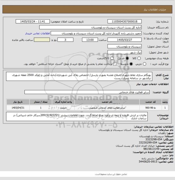 استعلام بهنگام سازی نقاط شهری/اصلاح نقشه بصورت پارسل/ اختصاص پلاک آبی شهرداری/داده آمایی و ژئوکد 2500 نقطه شهری نیکشهر در سامانه شرکت پست