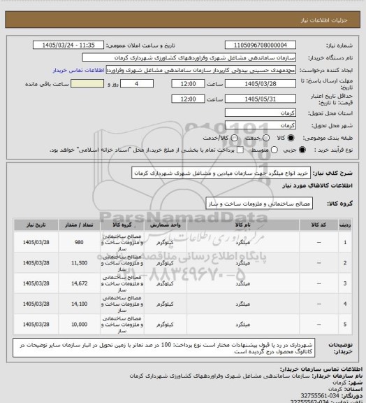 استعلام خرید انواع میلگرد جهت سازمان میادین و مشاغل شهری شهرداری کرمان
