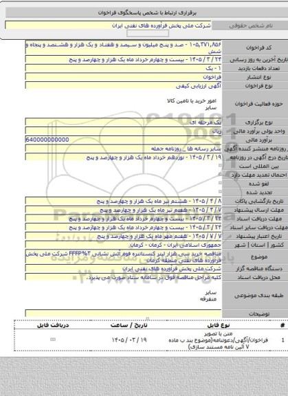 مناقصه, مناقصه خرید سی هزار لیتر کنستانتره فوم آتش نشانی FFFP%۳ شرکت ملی پخش فرآورده های نفتی منطقه کرمان