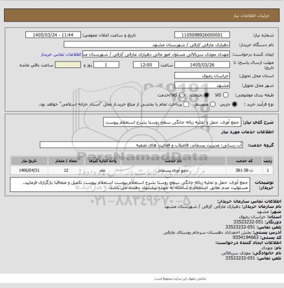 استعلام جمع آوری، حمل و تخلیه زباله خانگی سطح روستا بشرح استعلام پیوست