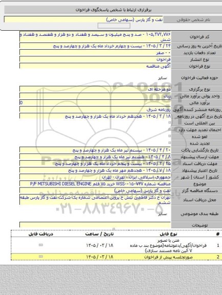 مناقصه, مناقصه شماره WSS-۰۱۵۰۷۴۷ خرید ۷۵ قلم P/F MITSUBISHI DIESEL ENGINE