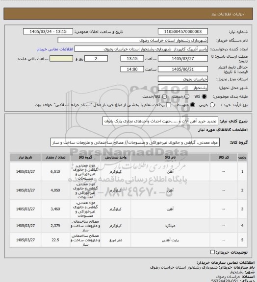 استعلام تجدید خرید آهن آلات و .....جهت احداث واحدهای تجاری پارک بانوان
