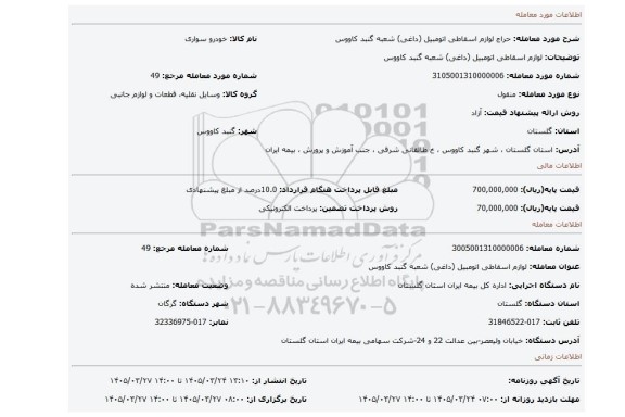 مزایده، لوازم اسقاطی اتومبیل (داغی) شعبه گنبد کاووس