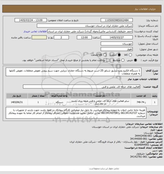 استعلام 1 دستگاه الکترو پمب آبشور شناور 25 اسب مربوط به دستگاه حفاری دریایی جهت سیم پیچی تعویض متعلقات، تعویض کابلها به همراه متعلقات