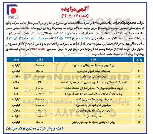 مزایده رینگ، رول و غلطک ضایعاتی خط نورد  ...