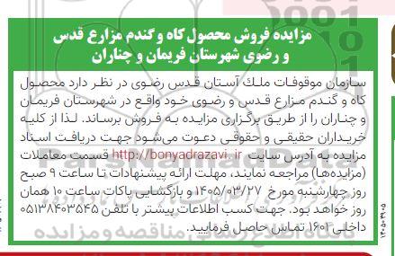 مزایده فروش محصول کاه و گندم مزارع قدس 
