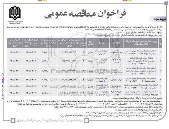 مناقصه استانداردسازی تاسیسات گرمایشی ...- نوبت دوم